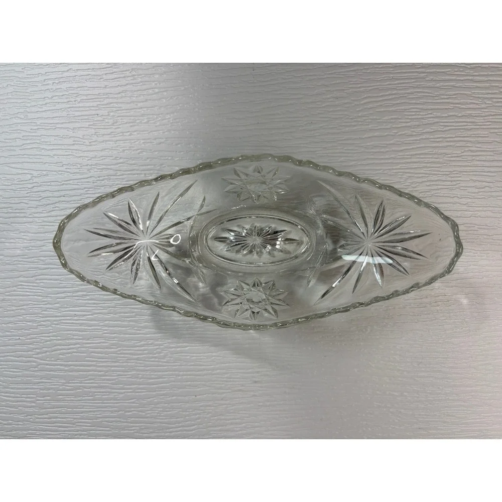 Vintage Clear Pressed Glass Starburst Relish Dish Scalloped Edge Bowl 8.5